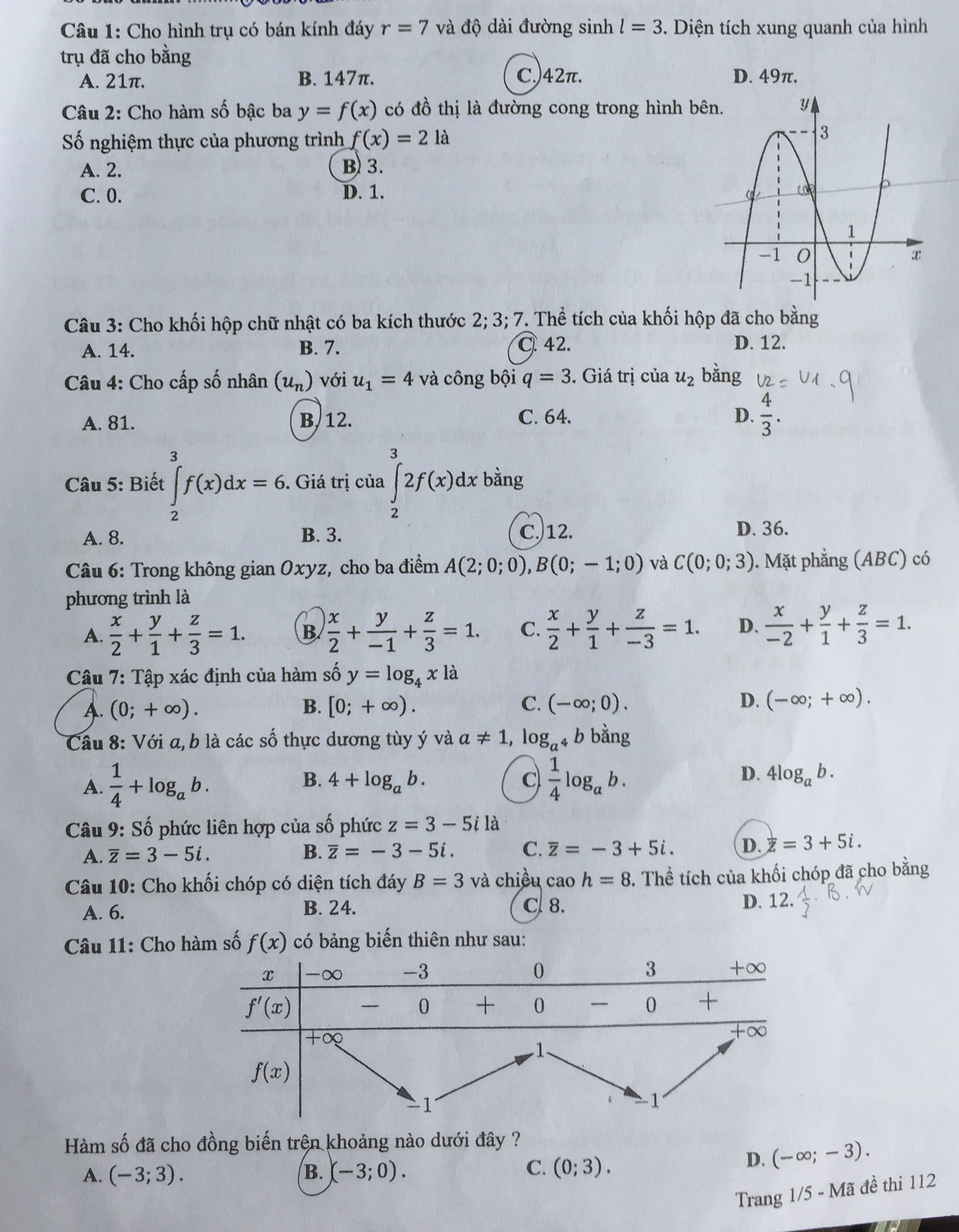 Đề thi tốt nghiệp THPT môn Toán mã đề 112 - 1