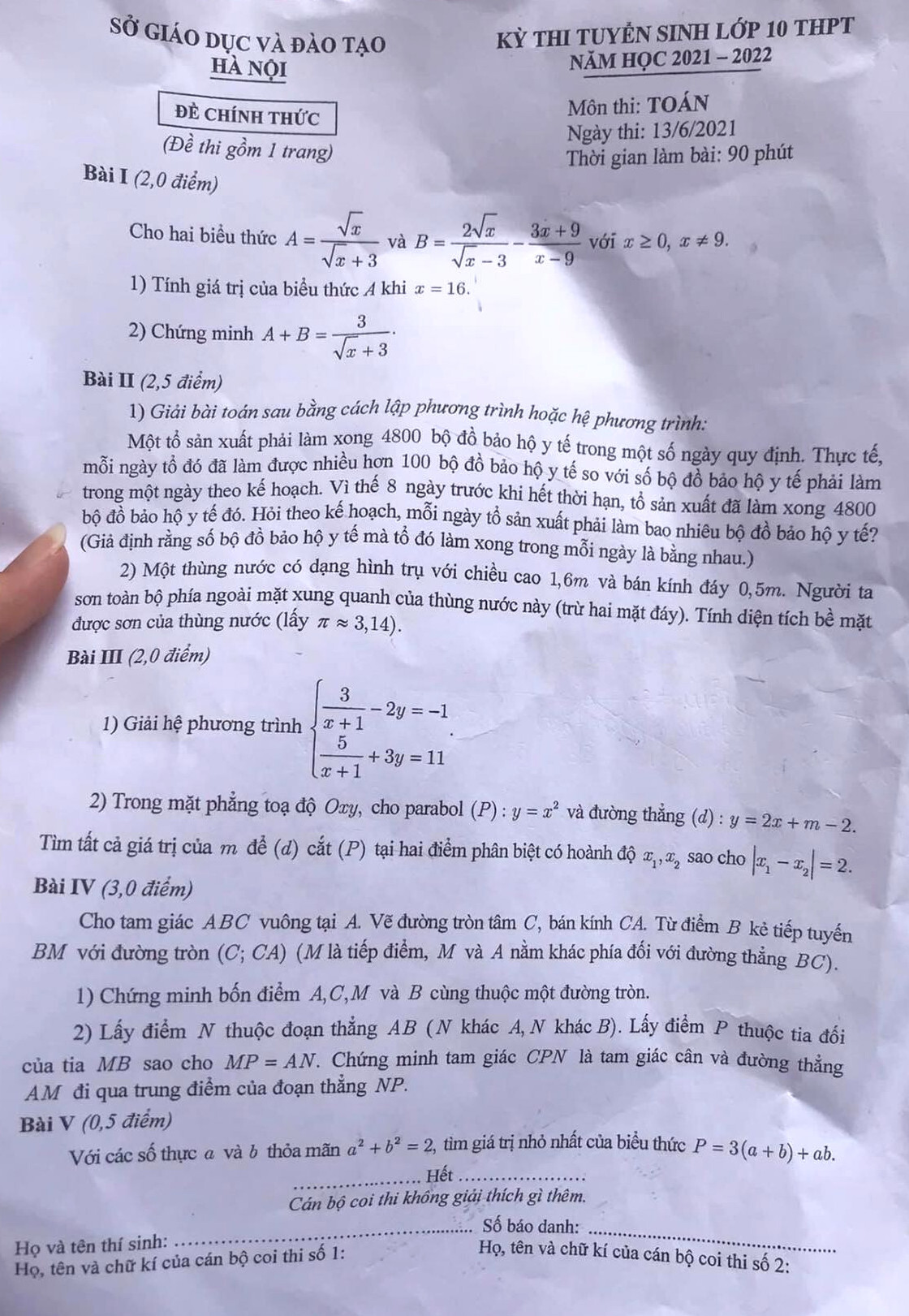 Đề thi môn Toán vào lớp 10 THPT công lập Hà Nội - 1