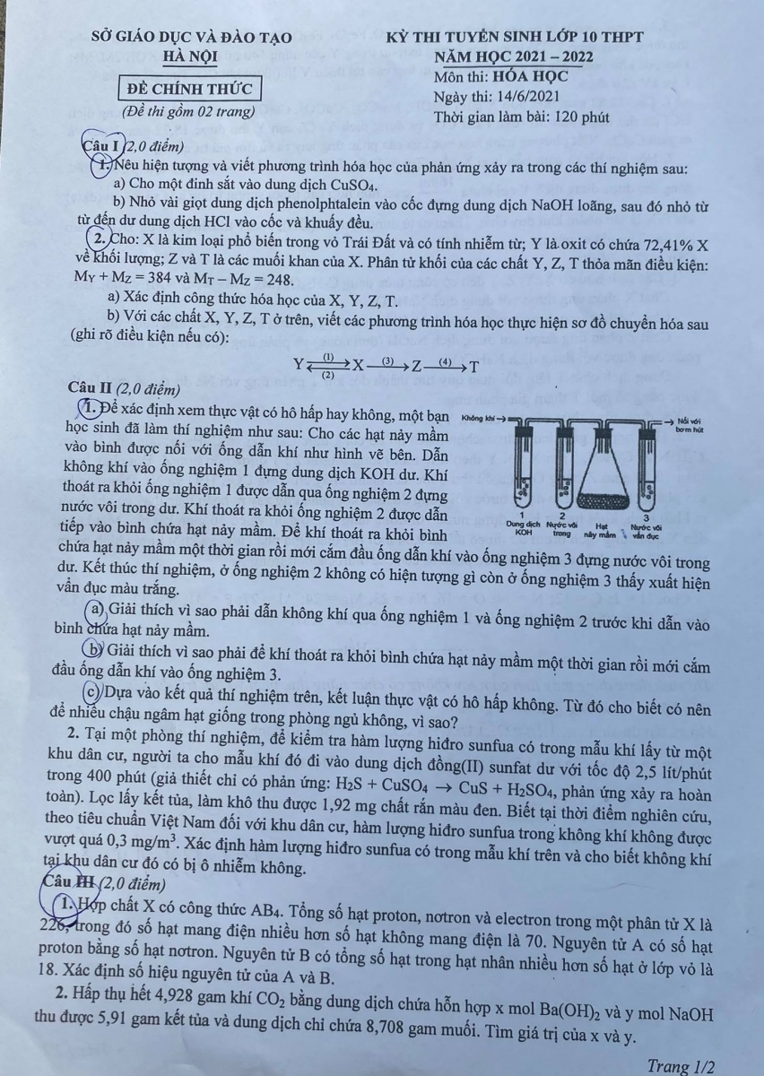 Đề môn Hoá thi vào lớp 10 trường chuyên của Hà Nội - 1