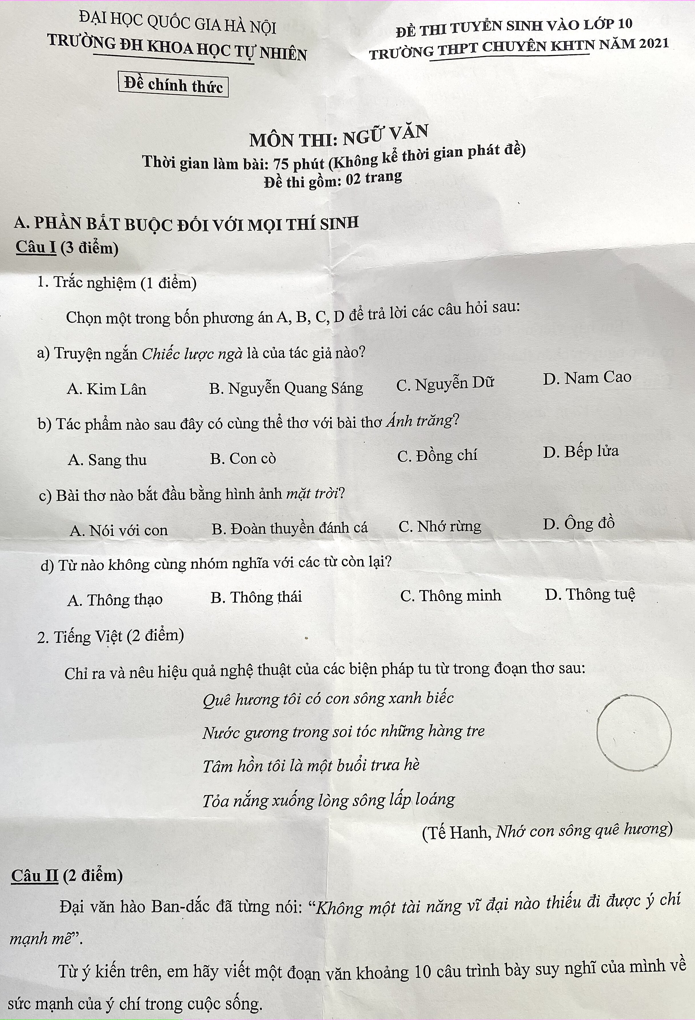 Đề Văn thi vào lớp 10 trường THPT chuyên Khoa học Tự nhiên - 1