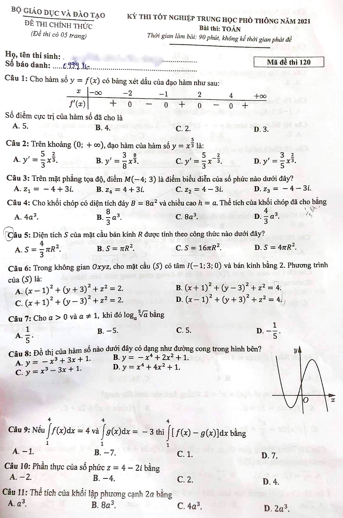 Đề môn Toán thi tốt nghiệp THPT 2021 - 1