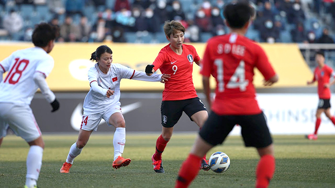 Tuyển nữ Việt Nam (áo trắng) thua Hàn Quốc 0-4 ở Asian Cup 2018.