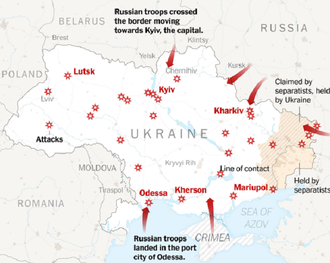 Các hướng tấn công của Nga vào Ukraine trong ngày đầu tiên của chiến dịch.(Đồ họa: NY Times)