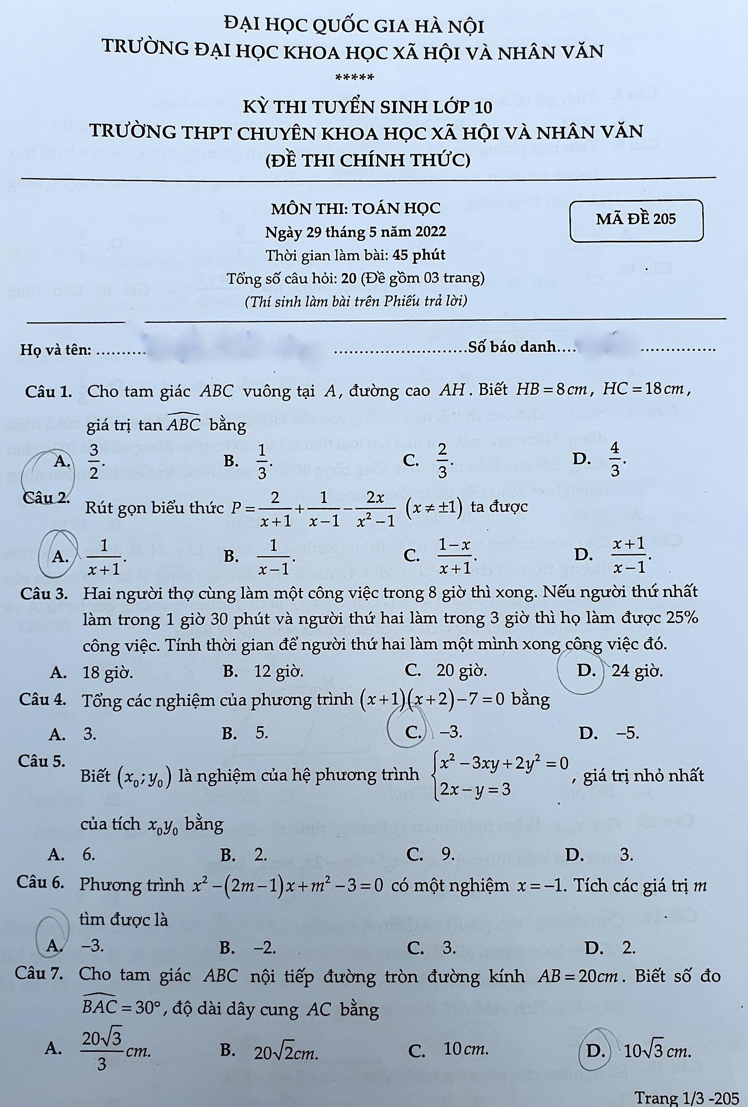 Đề thi Toán vào lớp 10 chuyên Khoa học Xã hội và Nhân văn - 1