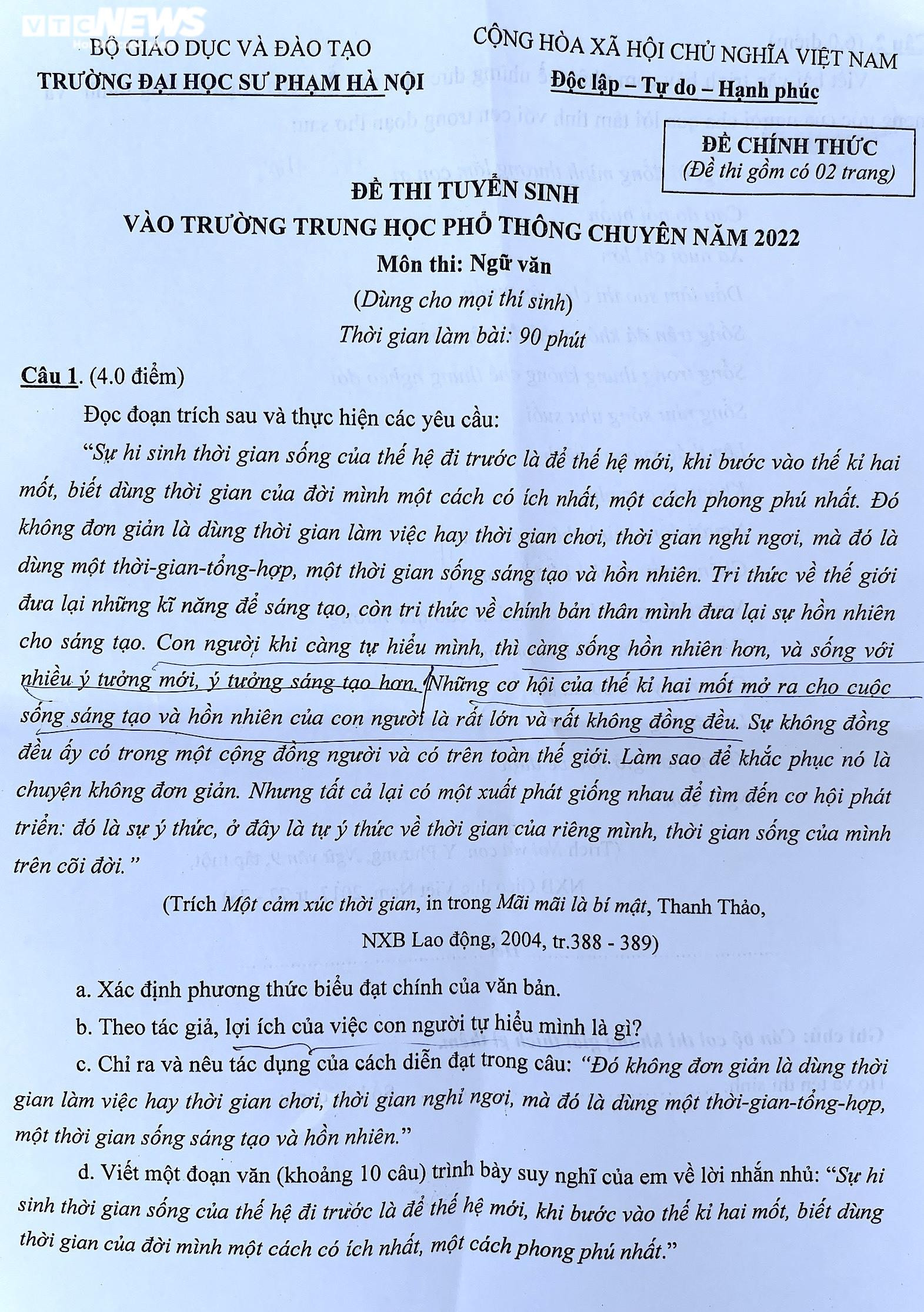 Đề thi Văn lớp 10 chuyên Sư phạm bàn về tình yêu quê hương - 1