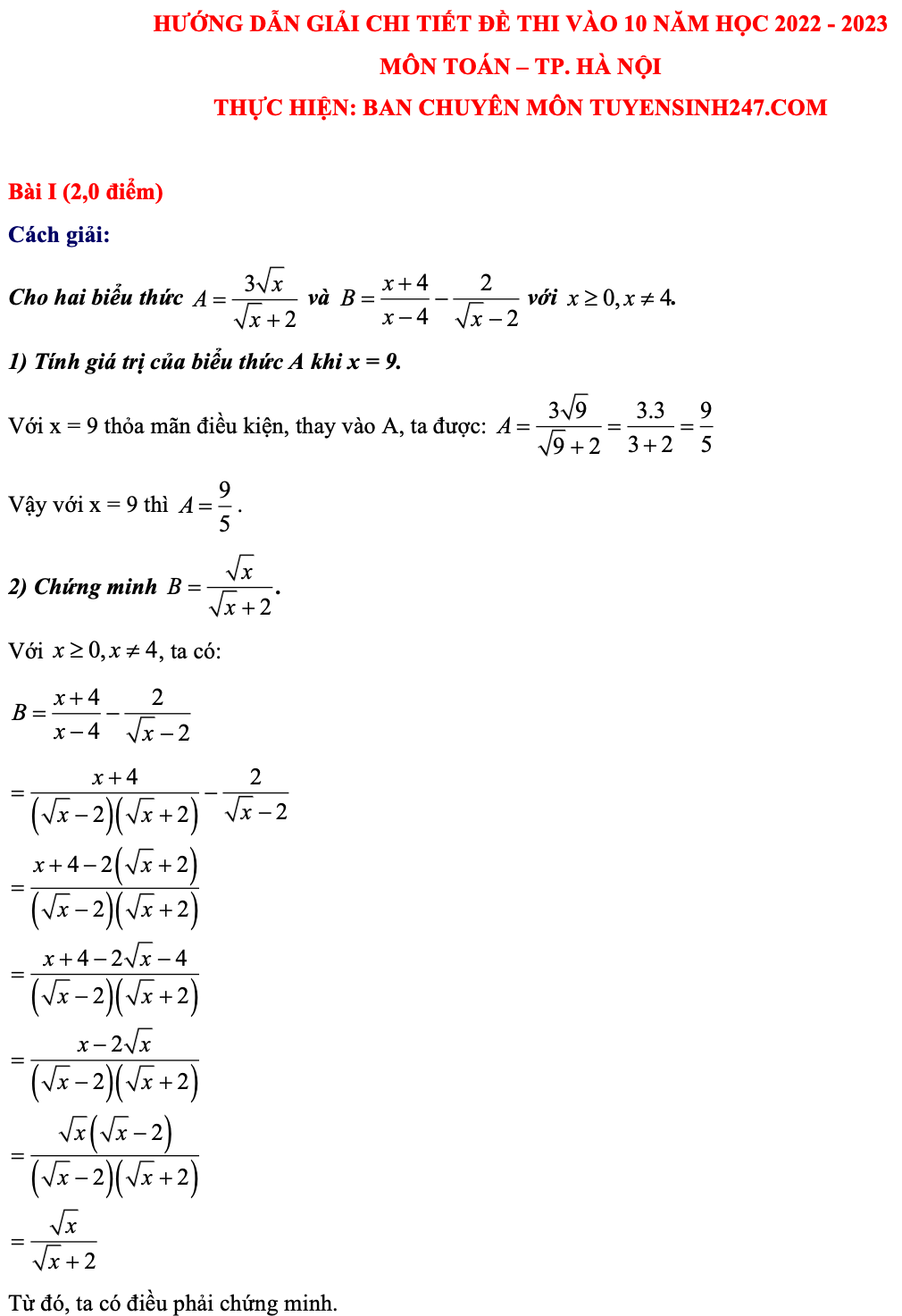 Gợi ý đáp án môn Toán thi vào lớp 10 ở Hà Nội - 1