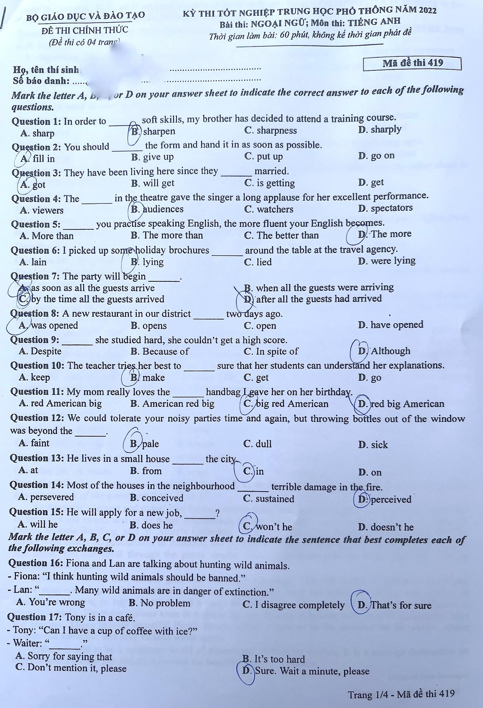 Đề tiếng Anh thi tốt nghiệp THPT 2022 - 1
