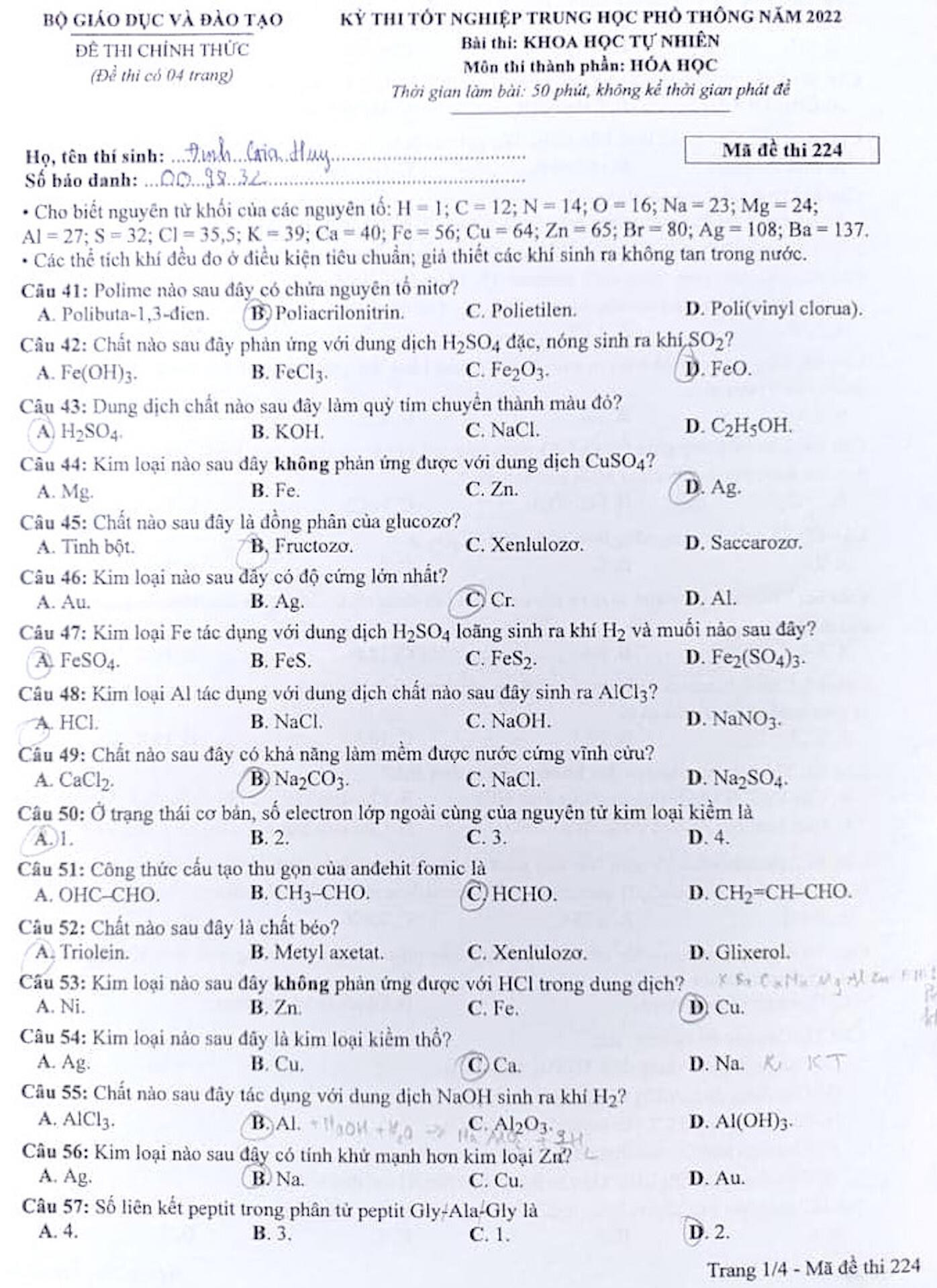 Đề Hoá học thi tốt nghiệp THPT 2022 - 1