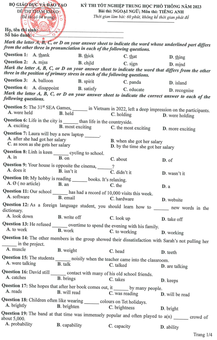 Gợi ý đáp án môn tiếng Anh đề minh hoạ thi tốt nghiệp THPT 2023 - 2