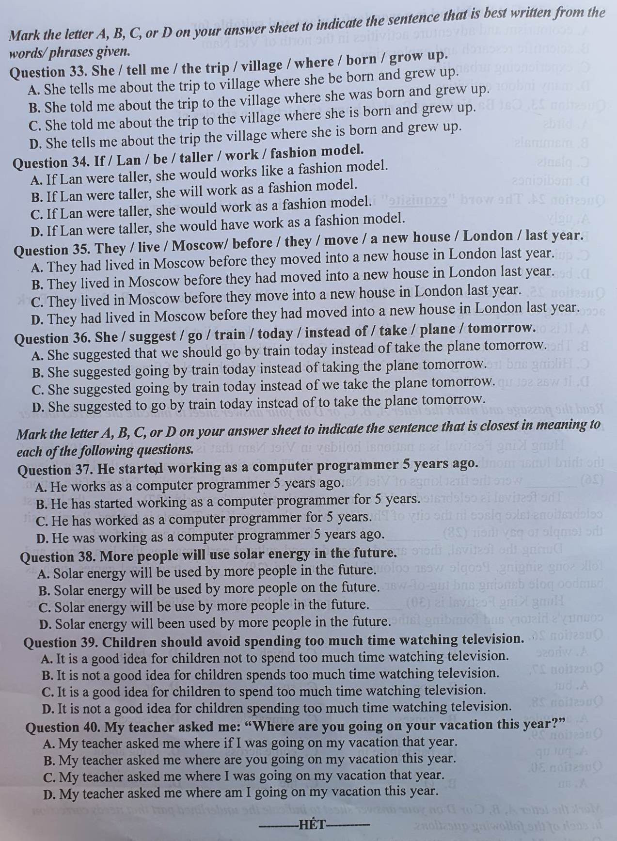 Tất cả mã đề thi tuyển sinh lớp 10 môn Anh Hà Nội năm 2023 - 4