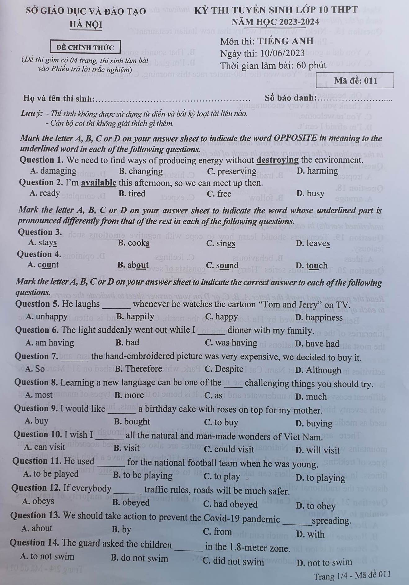 Tất cả mã đề thi tuyển sinh lớp 10 môn Anh Hà Nội năm 2023 - 1