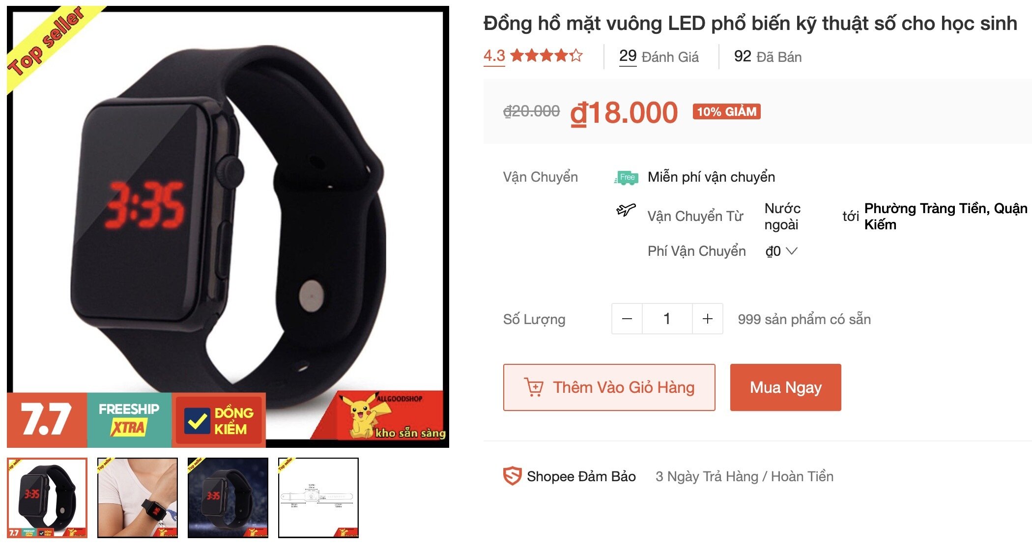 Chiếc đồng hồ chị Minh nhận được chỉ có giá 18.000 đồng trên sàn thương mại điện tử. (Ảnh chụp màn hình)