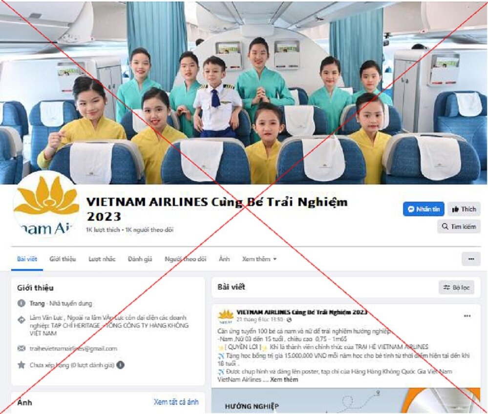 Một số trang mạng xã hội sử dụng trái phép hình ảnh của Vietnam Airlines để quảng bá và bán các chương trình trải nghiệm hướng nghiệp hàng không.
