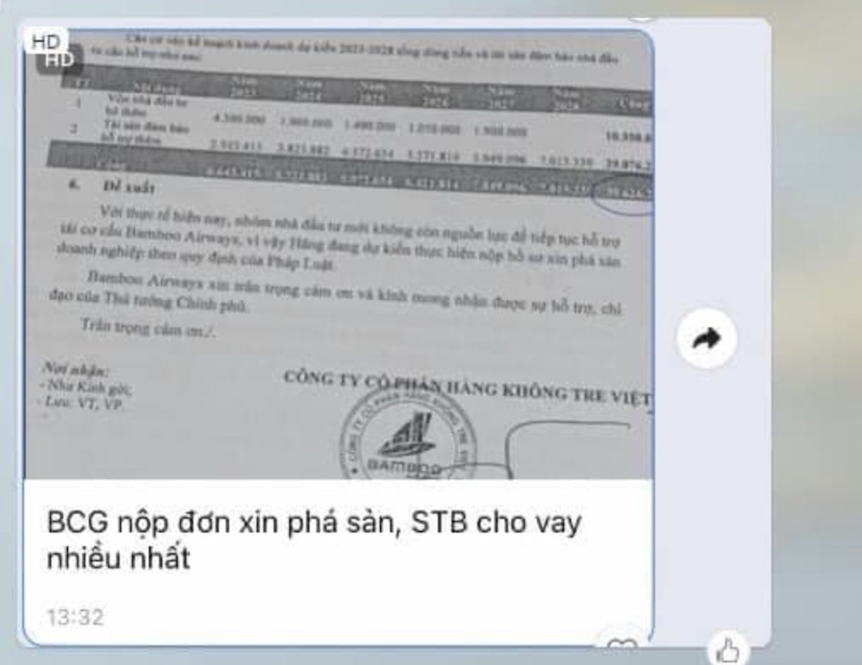 Nội dung đề xuất gây xôn xao mạng xã hội chiều nay về tin đồn Bamboo Airways xin phá sản. (Ảnh chụp màn hình)