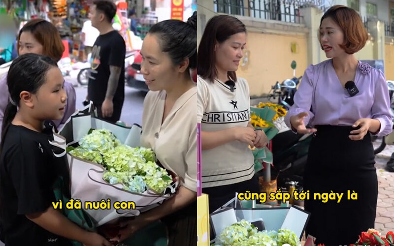 Một người phụ nữ mua lại hết số hoa rồi đem tặng cho người khác với điều kiện đặc biệt.(Ảnh cắt từ video)