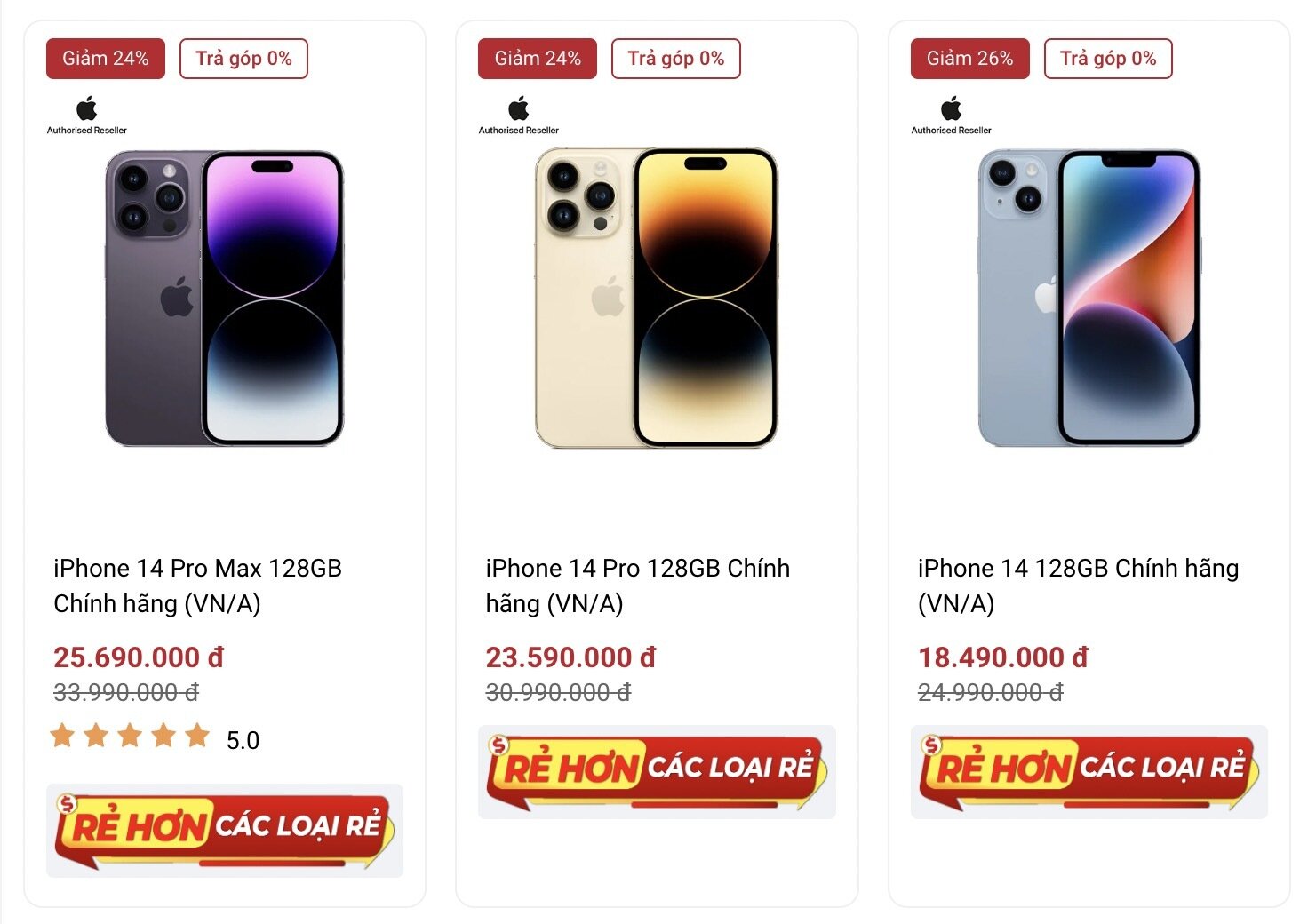 Giá thành bộ đôi iPhone 14 Pro và 14 Pro Max tại Di động Việt trước giờ iPhone 15 ra mắt. (Ảnh chụp màn hình)