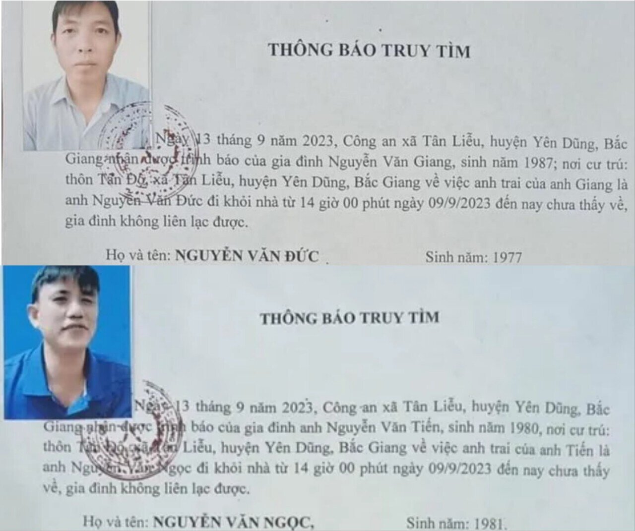 Công an xã Tân Liễu thông báo truy tìm ông Nguyễn Văn Đức và Nguyễn Văn Ngọc.
