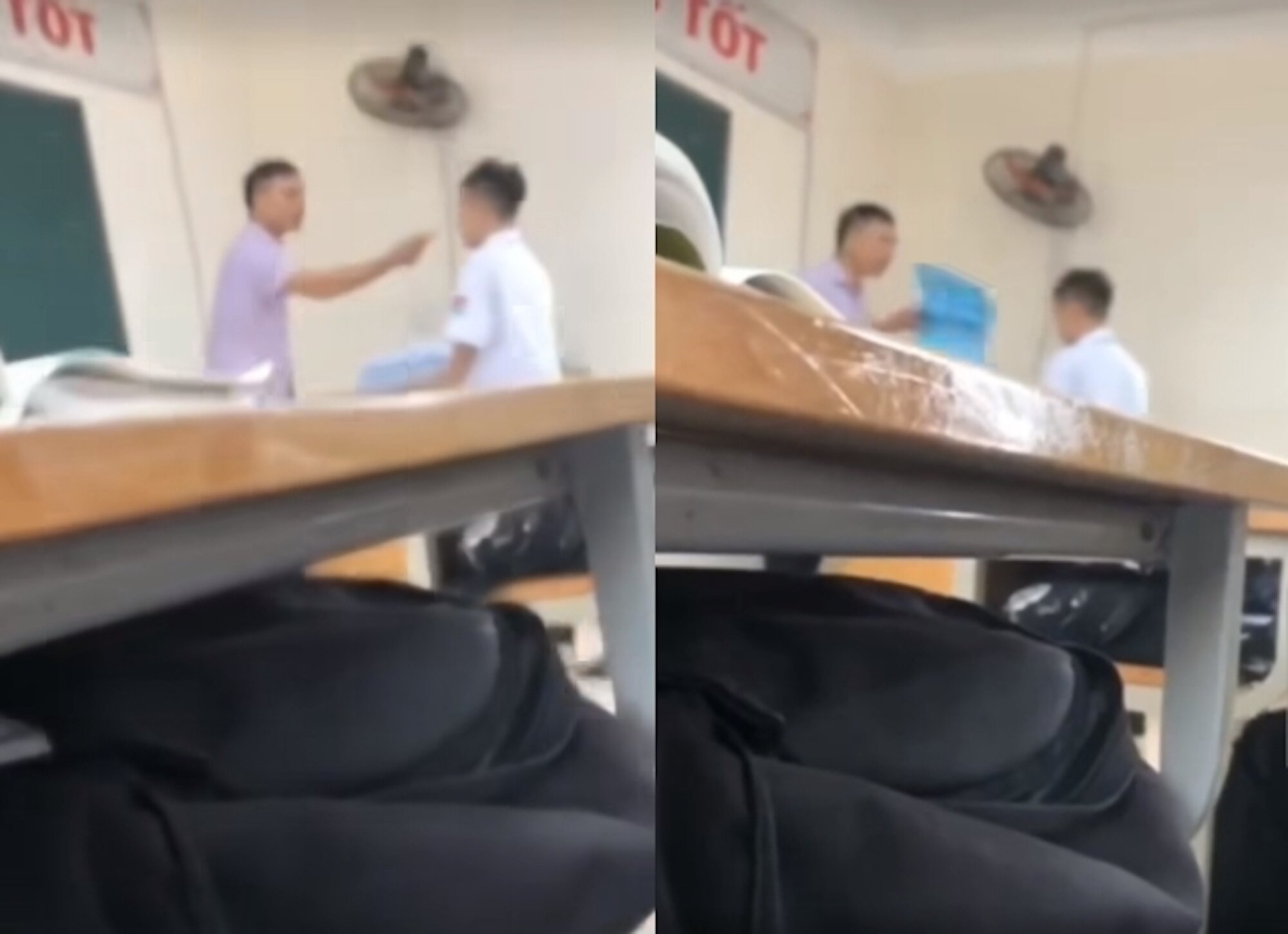 Thầy giáo dạy tiếng Anh, trường THPT Phan Huy Chú - Thạch Thất, chỉ tay vào học sinh. (Ảnh cắt từ clip)