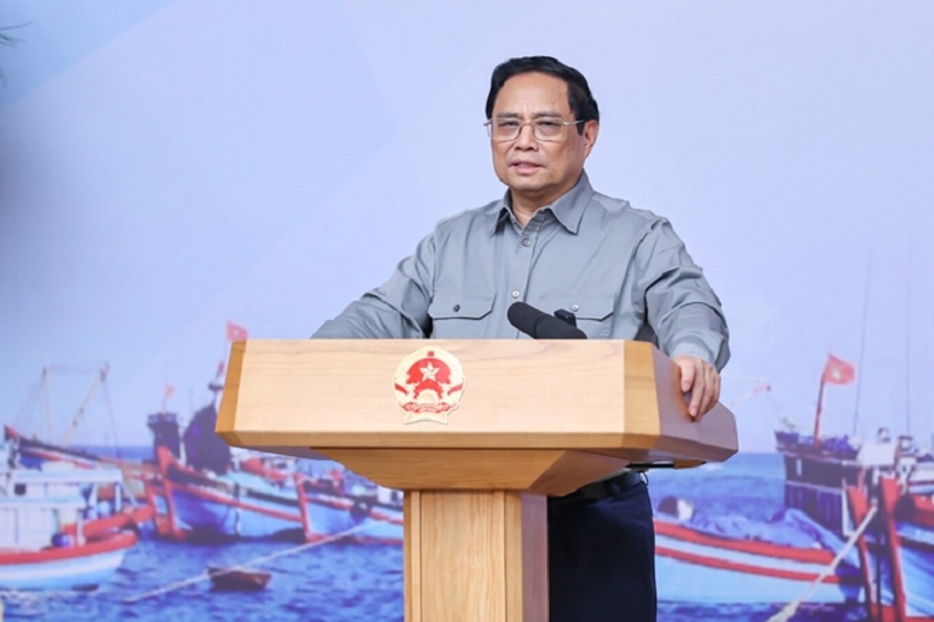 Thủ tướng Phạm Minh Chính chủ trì Hội nghị thúc đẩy các giải pháp chống IUU ngày 7/10/2023. (Ảnh: VGP/Nhật Bắc)