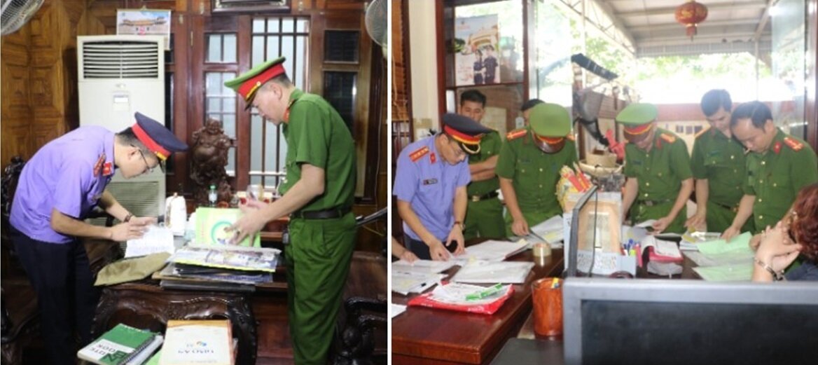 Lực lượng chức năng khám xét công ty của Nguyễn Thị Hoan. (Ảnh: Công an Nghệ An)