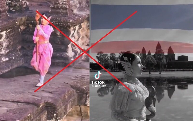 Hứa Quốc Anh quay clip ở Angkor Wat nhưng ghép hình cờ Thái Lan. (Ảnh chụp màn hình)