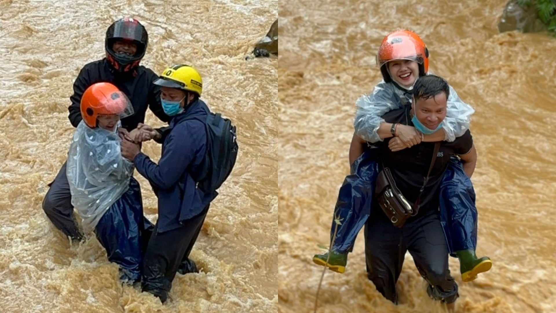 Thầy giáo Hồ Văn Thành cõng cô Trần Thị Kiều Oanh vượt qua đoạn suối nguy hiểm.