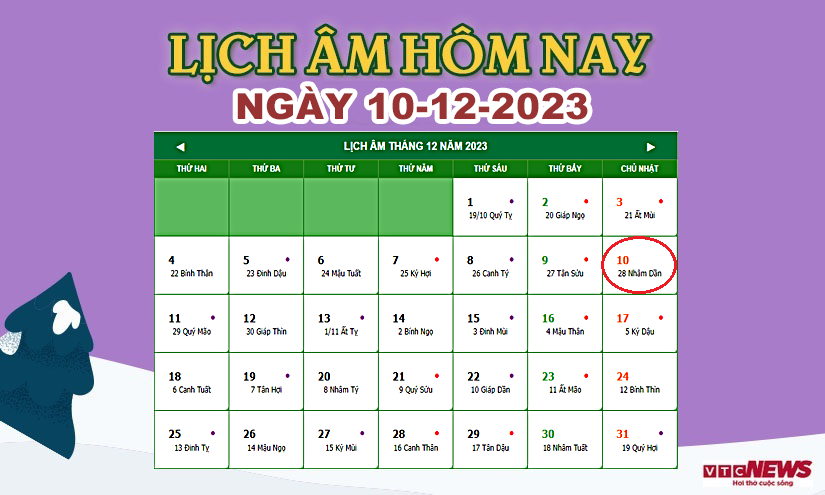 Xem lịch âm hôm nay ngày 10/12/2023.