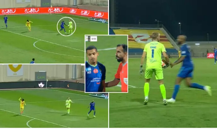 Fahad Al Harbi đập tay vào bóng khiến đội nhà bị thổi phạt đền.