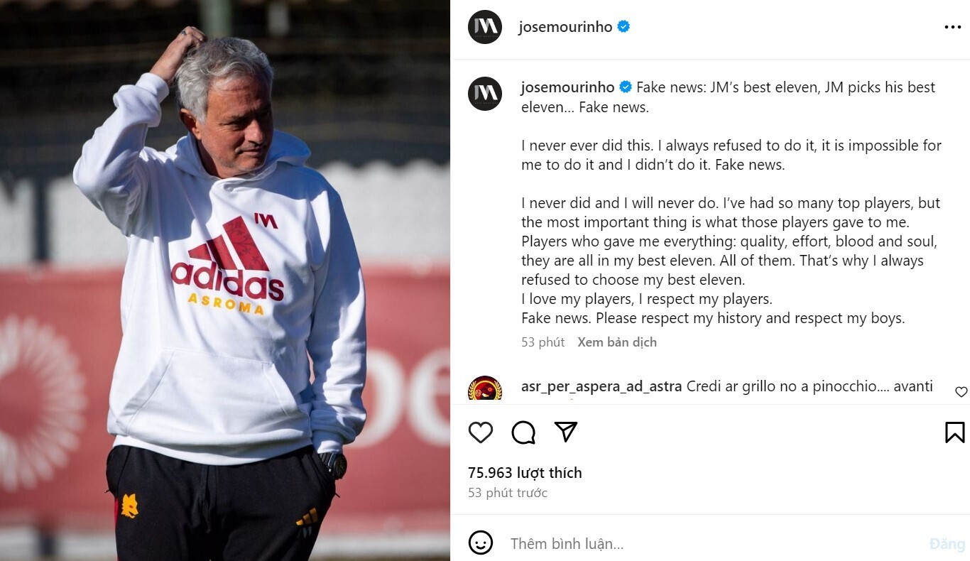 Bài đăng của Mourinho.