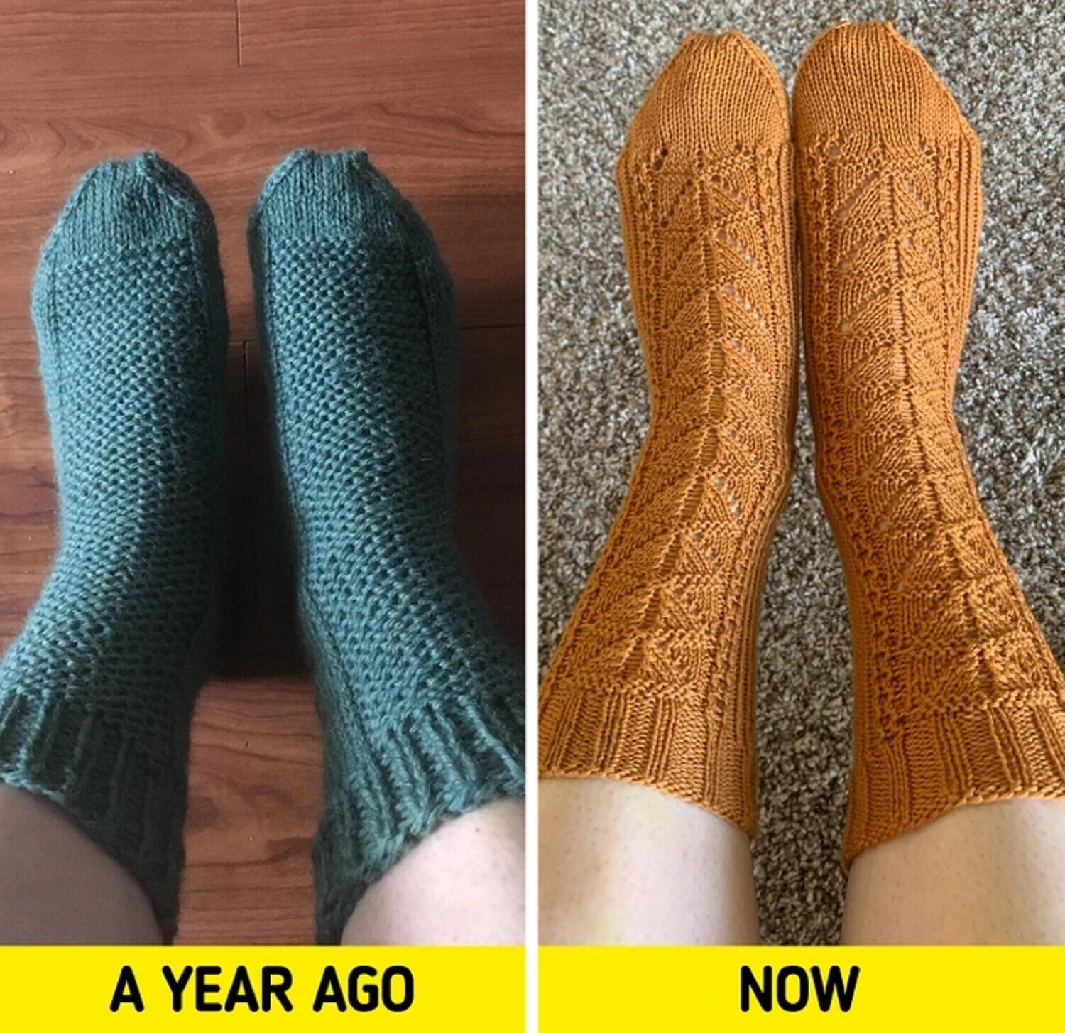 Đây là 2 đôi tất được đan cách nhau 1 năm. (Ảnh: Amandab220/Reddit)