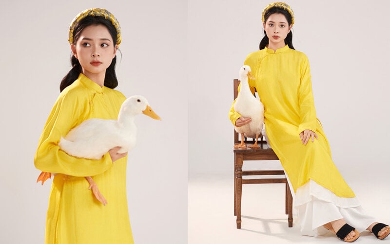 Tà áo dài vàng tươi kết hợp hài hoà với chú Vịt, tạo nên một bộ ảnh dễ thương. (Ảnh: Yên Studio)