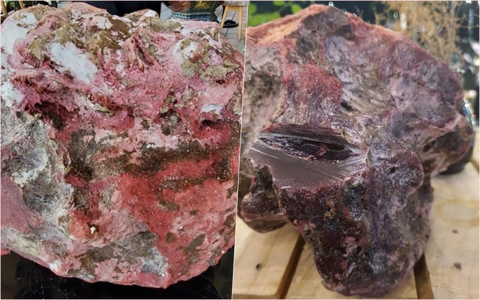 Viên đá nghi là long diên hương được anh T. tìm thấy trước (bên phải) và tìm thấy sau (cên trái). (Ảnh: PLVN)