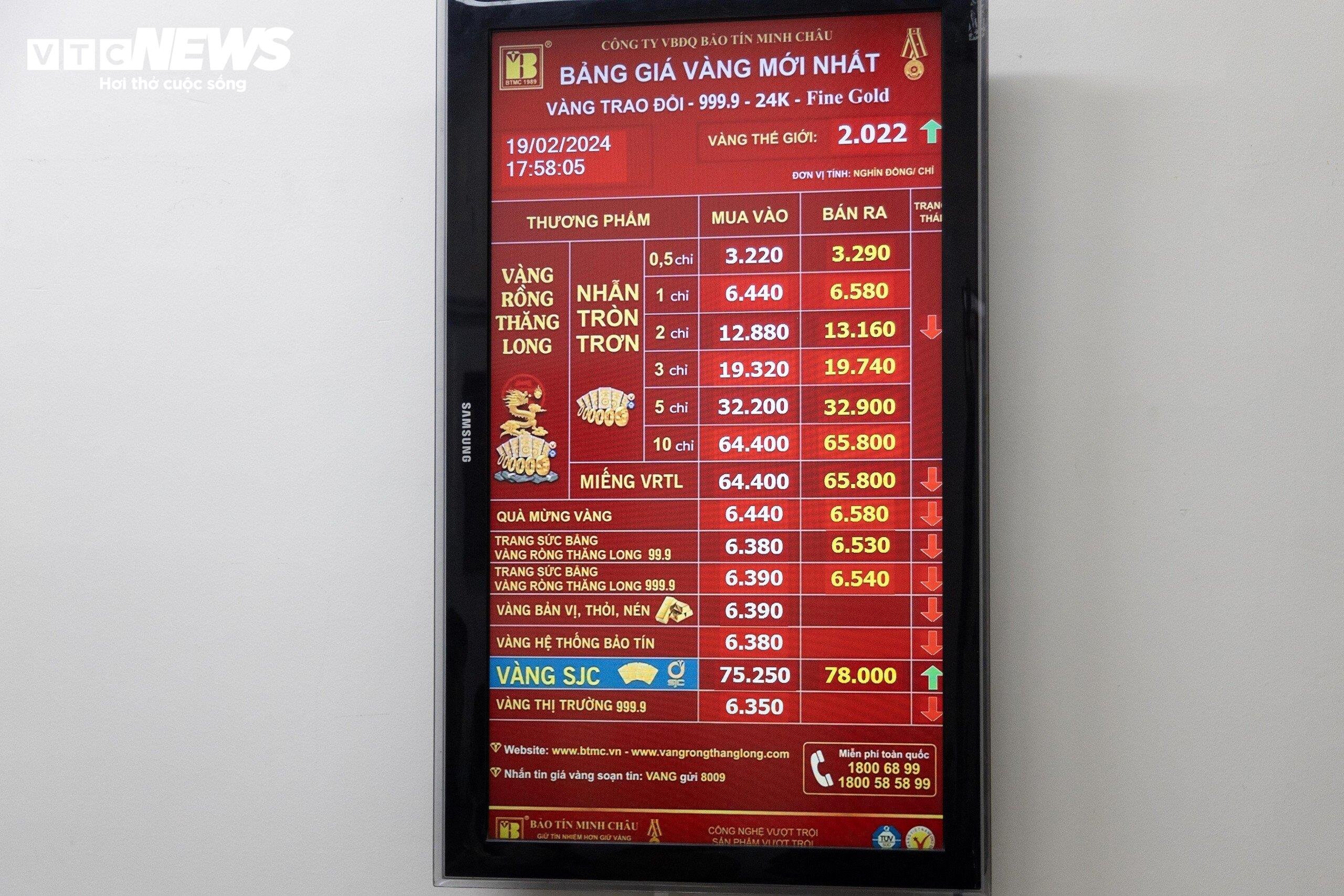 Cuối ngày vía Thần Tài, giá vàng nhẫn tròn trơn tại Bảo Tín Minh Châu đang giao dịch ở mức 64,4 - 65,8 triệu đồng/lượng (mua - bán), giá vàng miếng SJC giao dịch ở mức 75,25 - 78 triệu đồng/lượng (mua - bán).