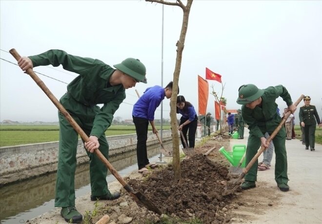 Tuổi trẻ huyện Yên Mô trồng đường cây “Đoàn kết quân - dân”. (Ảnh: Nguyễn Minh)