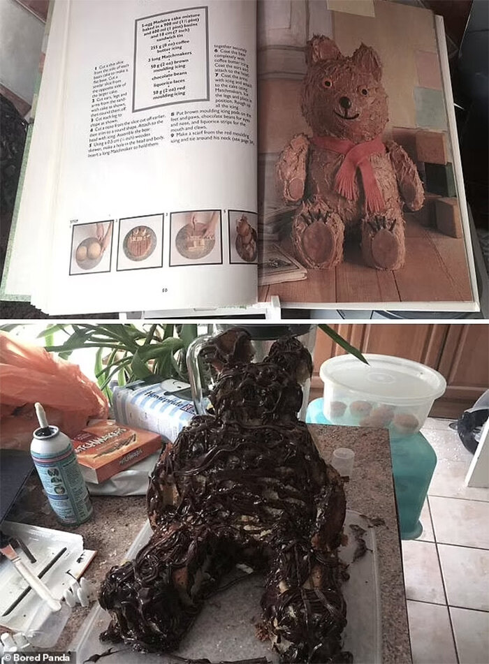 Gấu Teddy trong sách và phiên bản trên bánh gato.