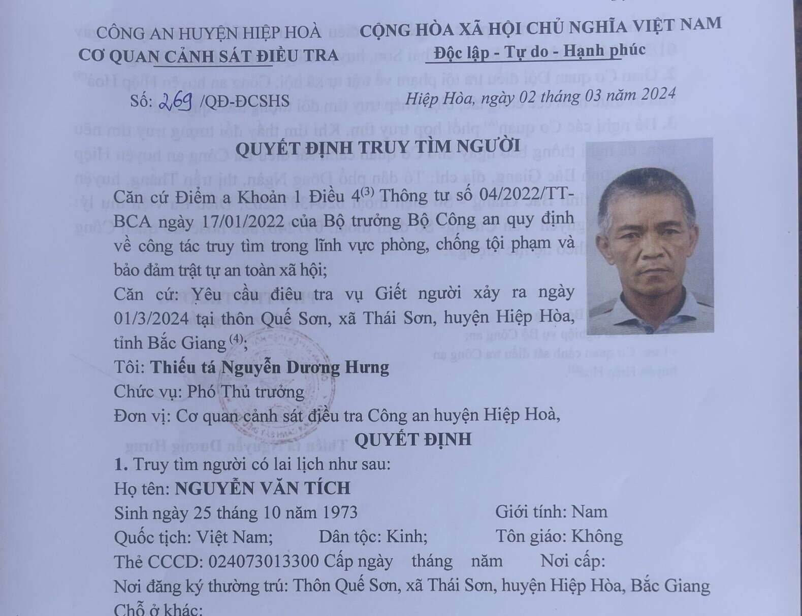 Quyết định truy tìm Nguyễn Văn Tích của Công an huyện Hiệp Hòa, Bắc Giang.