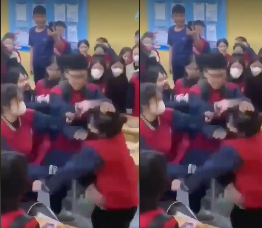 Học sinh trường THCS Tả Thanh Oai (Hà Nội) đánh nhau (Hình ảnh cắt từ video)