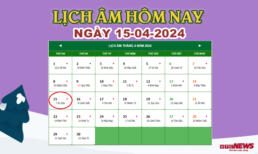 Xem lịch âm hôm nay ngày 15/4/2024.