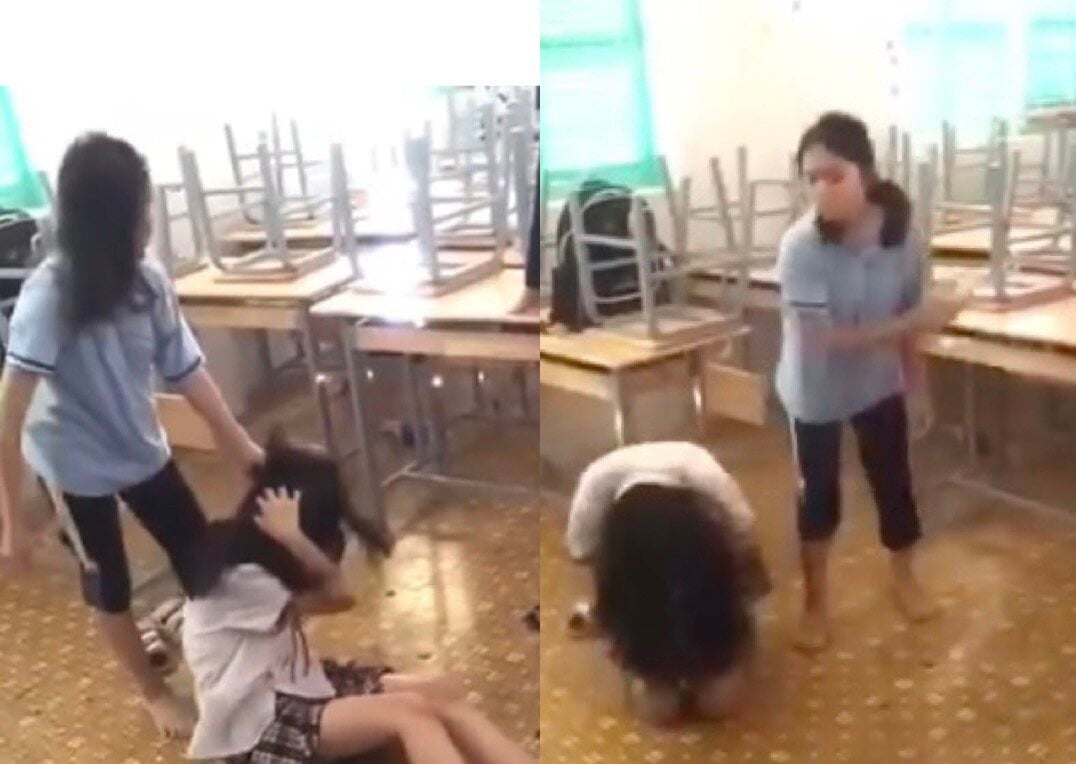 Nữ sinh bị bạn đánh trong lớp học ở một trường học tại TP.Thủ Đức (Ảnh: chụp màn hình)