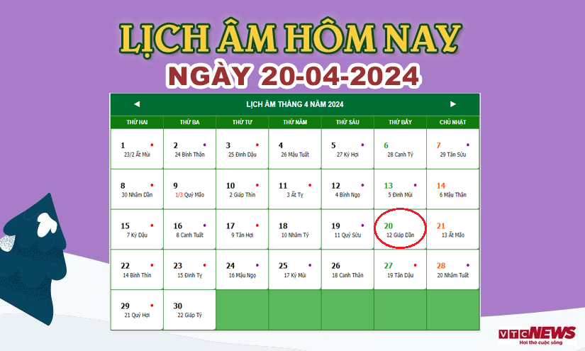 Xem lịch âm hôm nay ngày 20/4/2024.
