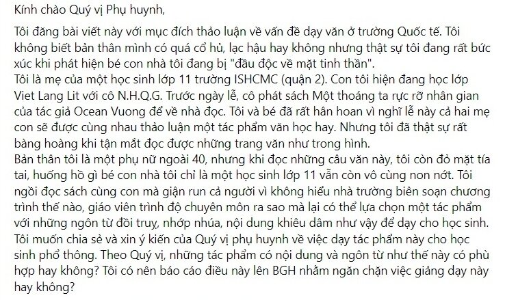 Bài đăng của phụ huynh trên mạng xã hội. (Ảnh chụp màn hình)