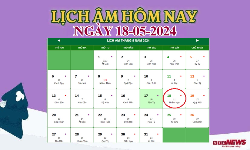 Xem lịch âm hôm nay ngày 18/5/2024.