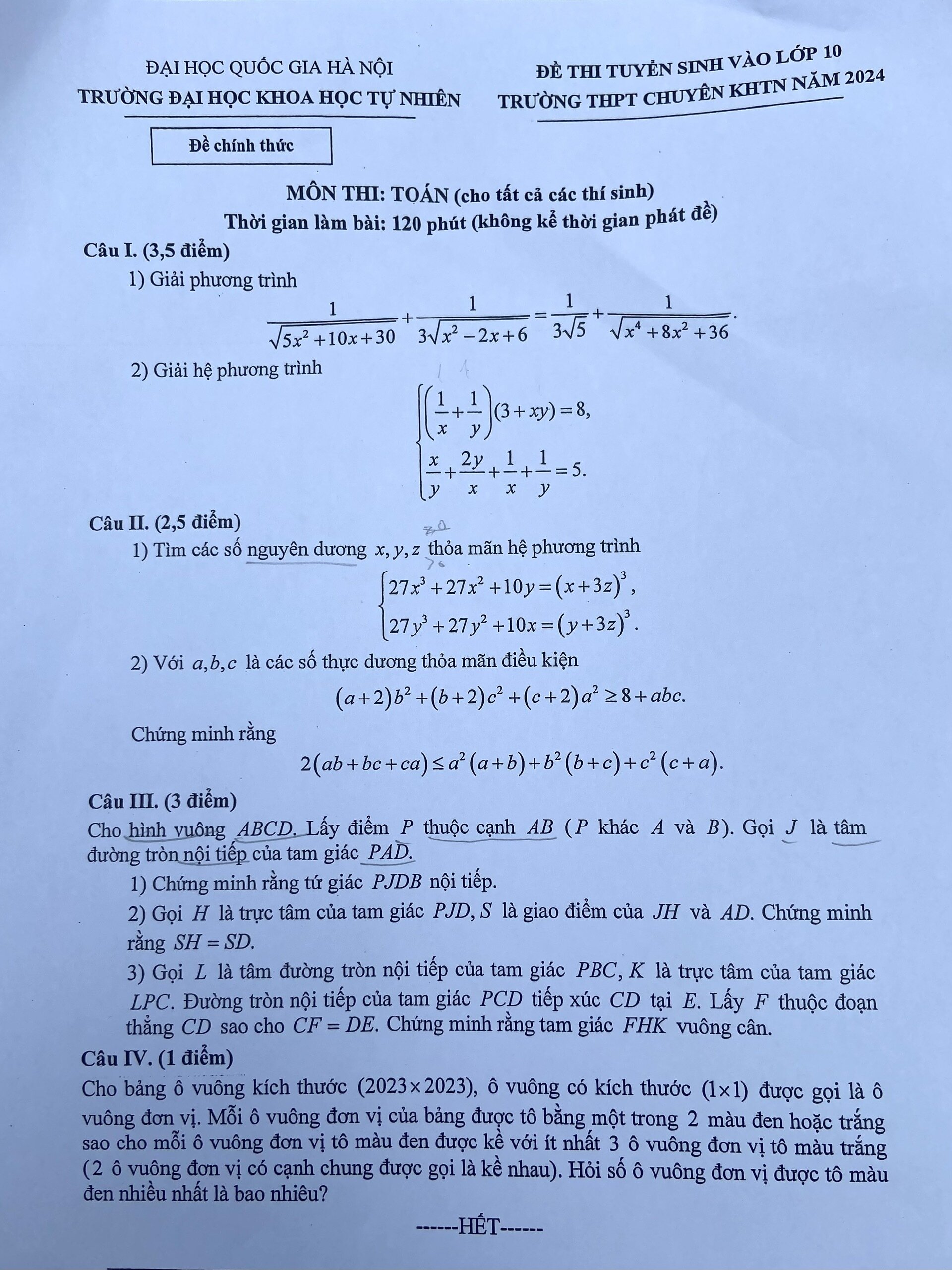 Đề thi Toán vòng 1 vào lớp 10 trường chuyên Khoa học Tự nhiên - 1