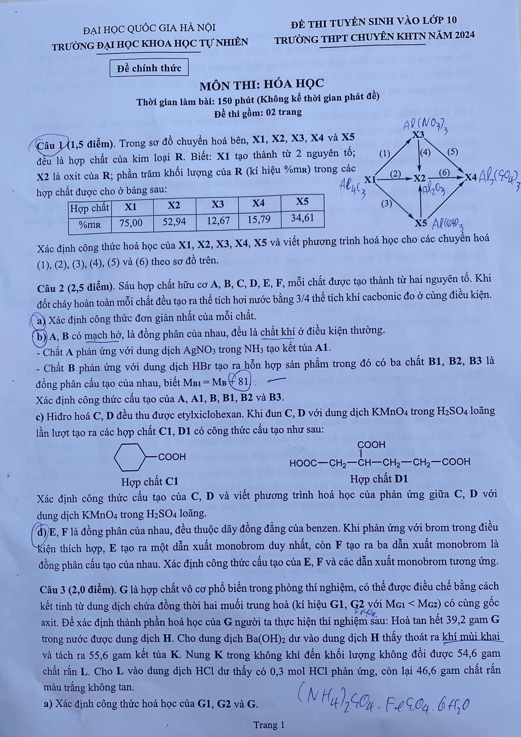 Đề thi môn Lý, Hóa vào lớp 10 THPT chuyên Khoa học Tự nhiên Hà Nội - 1
