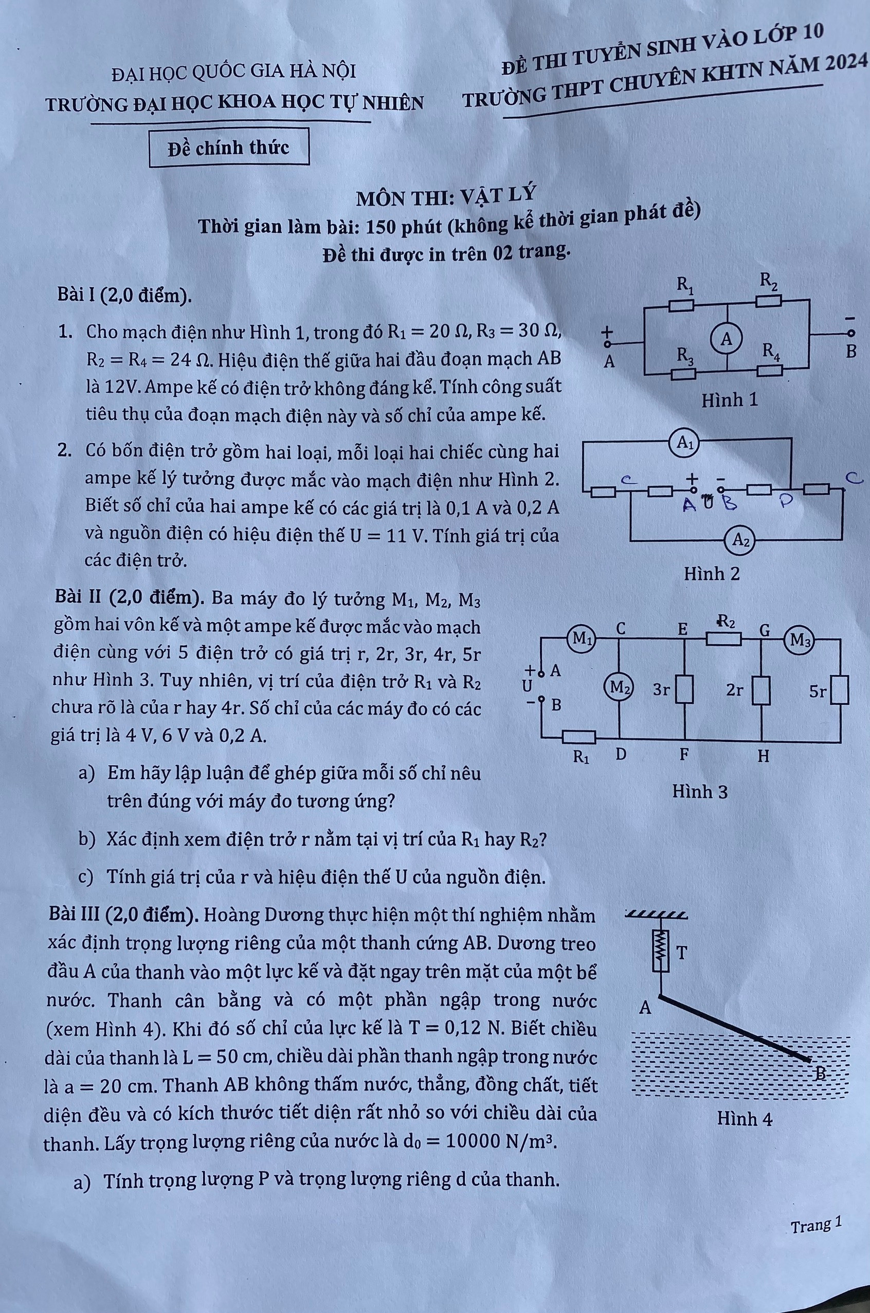 Đề thi môn Lý, Hóa vào lớp 10 THPT chuyên Khoa học Tự nhiên Hà Nội - 3