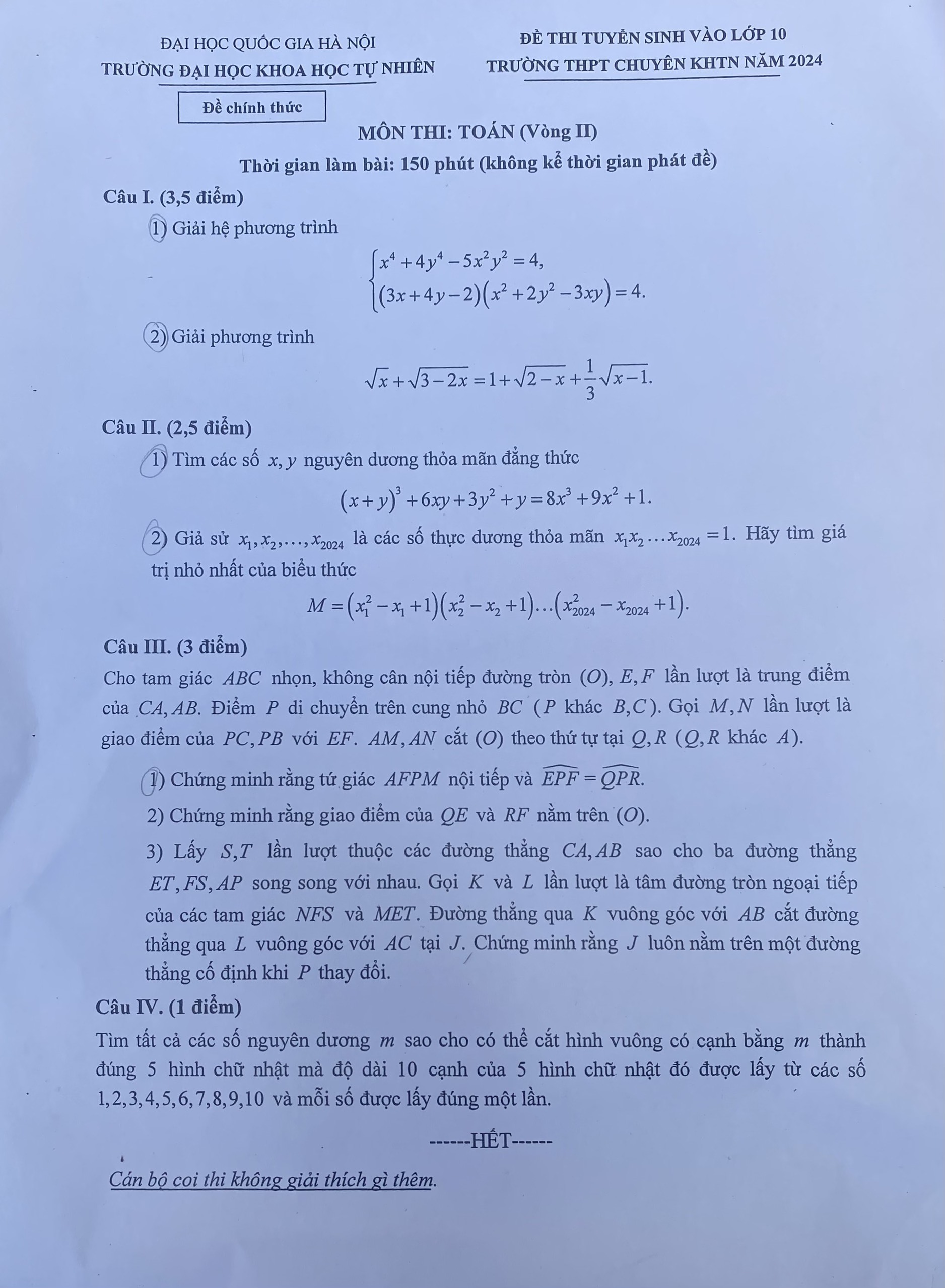 Đề thi Toán, Sinh học vào lớp 10 THPT chuyên Khoa học Tự nhiên Hà Nội - 1