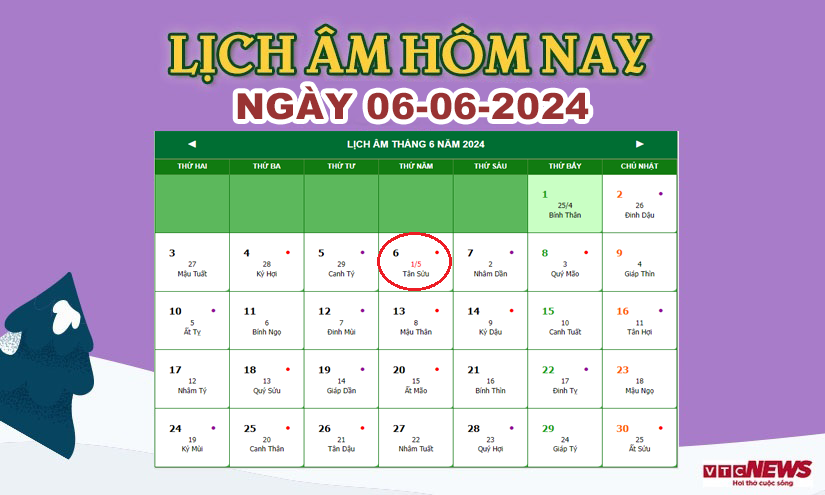 Xem lịch âm hôm nay ngày 6/6/2024.