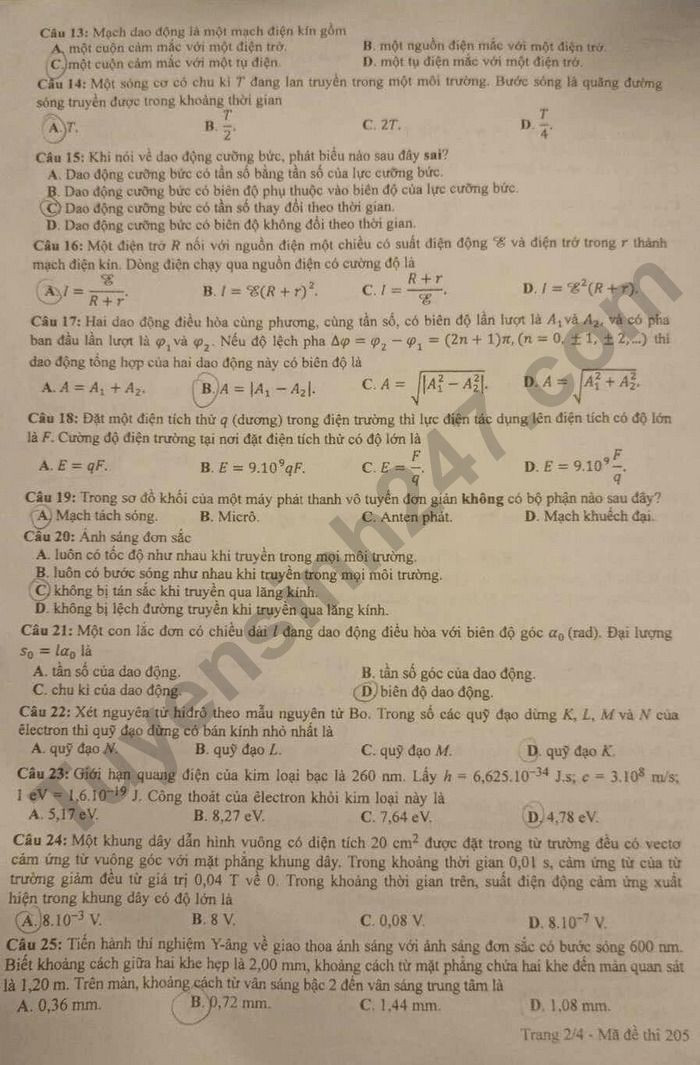 Đề Vật lý thi tốt nghiệp THPT 2024 - 2