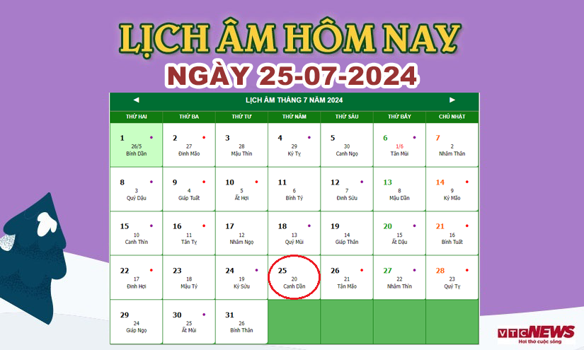 Xem lịch âm hôm nay ngày 25/7/2024