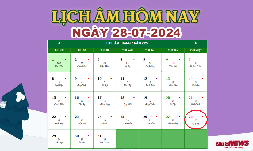 Xem lịch âm hôm nay ngày 28/7/2024